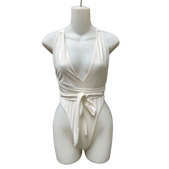 NUDE SWIM DEEP PLUNGE SELF TIE ONE PIECE IVORY CREAM SWIMSUIT NWOT LARGE - Picture 14 of 15
